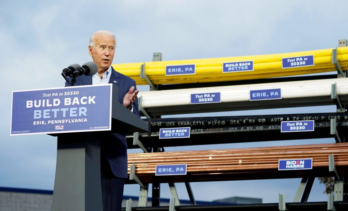 Democratic presidential nominee Joe Biden speaks during a campaign event at United Association Plumbers Local 27 in Erie, Pa., on Oct. 10, 2020. (Kevin Lamarque/Reuters)