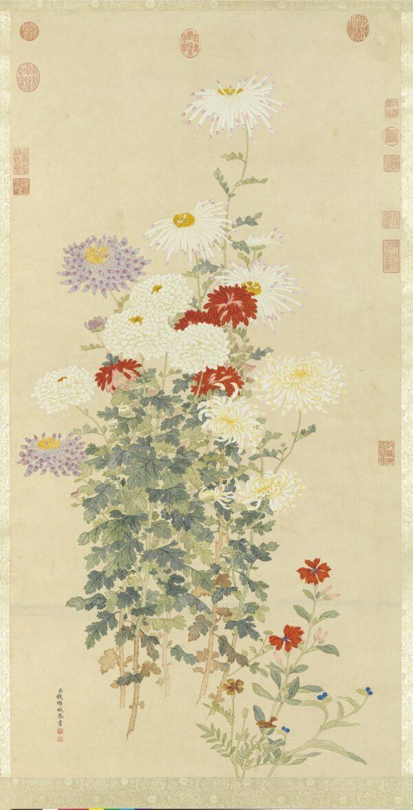 Qian Weicheng was one of the leading landscape and flower painters of the 18th century. In this vibrant and detailed painting, he illustrates five different types of chrysanthemums. (National Palace Museum)