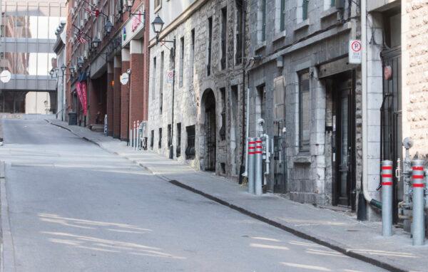 An empty street in Old Montreal on Oct. 10, 2020. (The Canadian Press/Graham Hughes)