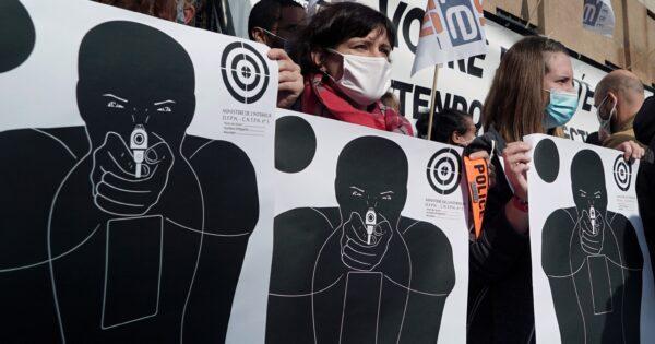 Paper shooting targets are seen during a protest by French police in front of the police station which was attacked with metal bars and fireworks by dozens of people in Champigny-sur-Marne, France, on Oct. 12, 2020. (Lucien Libert/Reuters)
