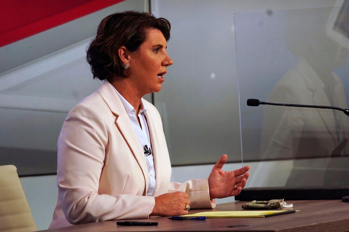 Democratic Senate nominee Amy McGrath speaks during a debate with Senate Majority Leader Mitch McConnell (R-Ky.) in Lexington, Ky., on Oct. 12, 2020. (Michael Clubb/Pool/Getty Images)