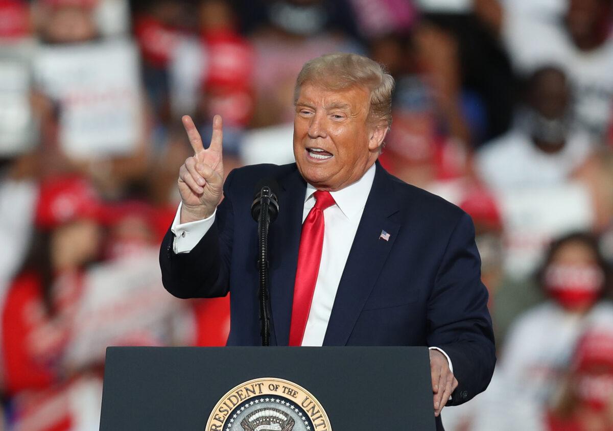President Donald Trump speaks during his campaign event at the Orlando Sanford International Airport in Orlando, Fla., Oct. 12, 2020. (Joe Raedle/Getty Images)