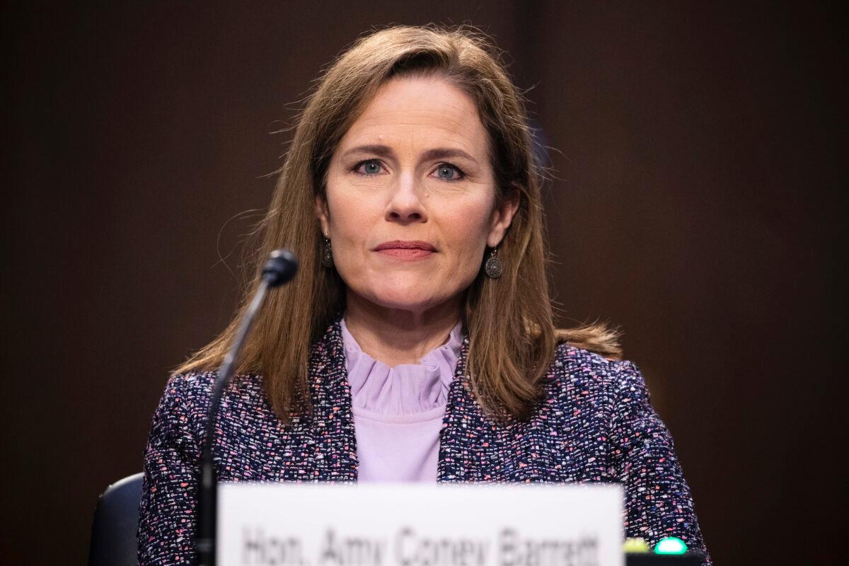 Supreme Court nominee Judge Amy Coney Barrett testifies before the Senate Judiciary Committee on the third day of her Supreme Court confirmation hearing on Capitol Hill in Washington on Oct. 14, 2020. (Michael Reynolds/Pool/Getty Images)