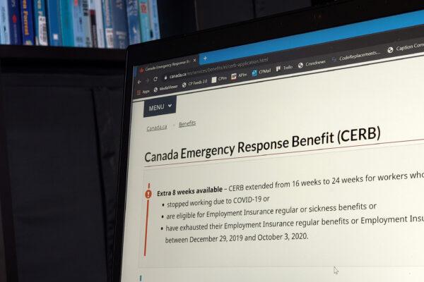 The landing page for the Canada Emergency Response Benefit is seen in Toronto on Aug. 10, 2020. (Giordano Ciampini/The Canadian Press)