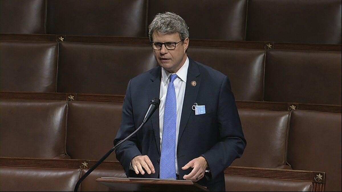 Rep. Bill Huizenga (R-Mich.) speaks on the floor of the House of Representatives at the U.S. Capitol in Washington on April 23, 2020. (House Television via AP)