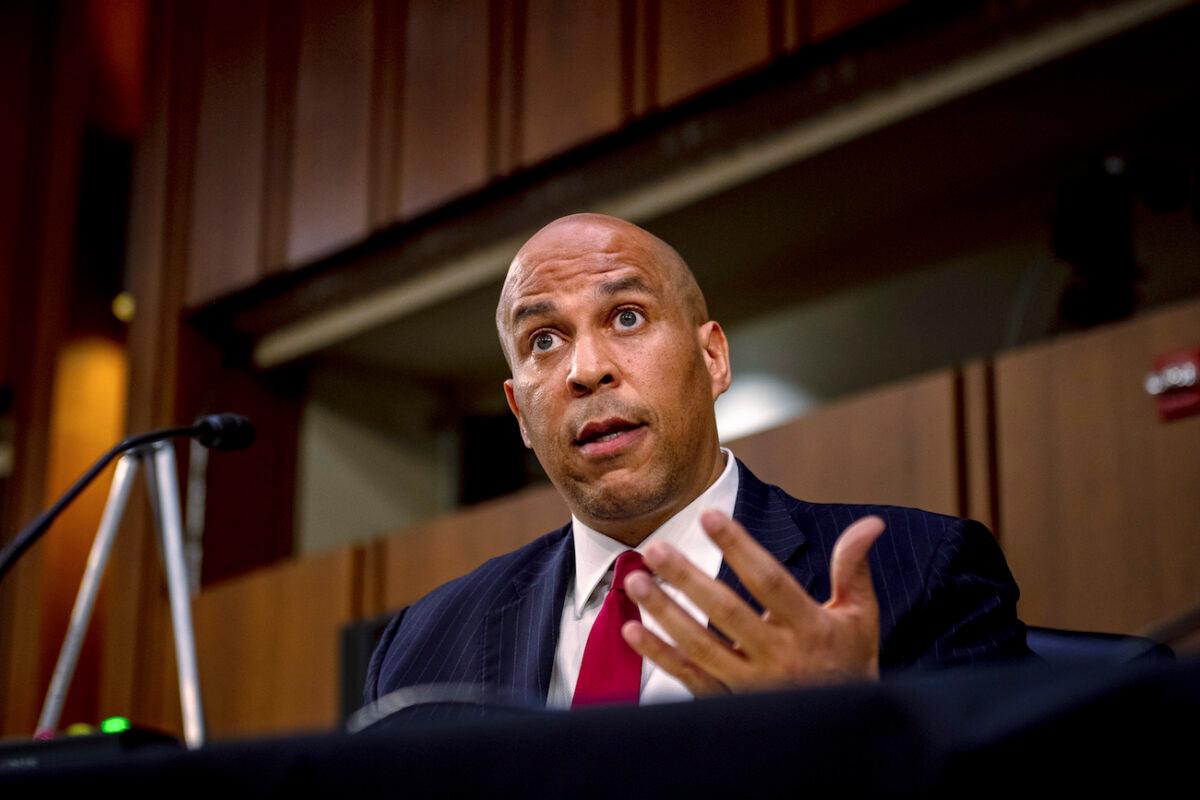 Sen. Cory Booker (D-NJ) speaks during a hearing before the Senate Judiciary Committee on Capitol Hill in Washington on Oct. 13, 2020. (Hilary Swift/The New York Times via AP, Pool)