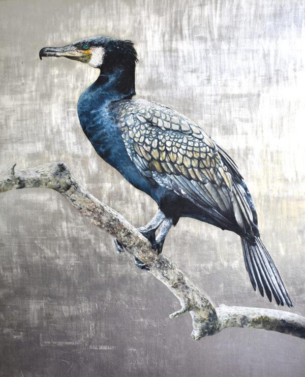 "Cormorant," 2020, by Andrew Pledge. Oil on wood panel with silver leaf; 30 inches by 24 inches. (Courtesy of Andrew Pledge)