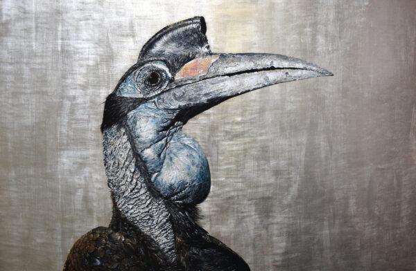 "Hornbill," 2020, by Andrew Pledge. Oil on wood panel with silver leaf; 20 inches by 30 inches. (Courtesy of Andrew Pledge)