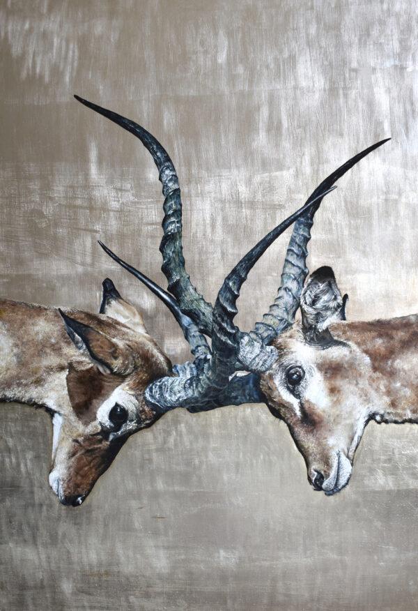 "Rutting Impalas," 2020, by Andrew Pledge. Oil on wood panel with silver leaf; 30 inches by 20 inches. (Courtesy of Andrew Pledge)