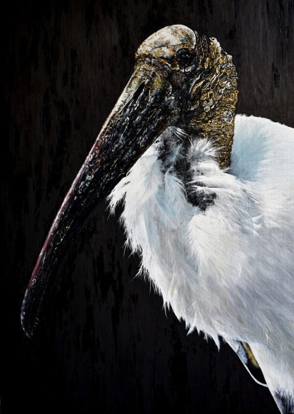 "Wood Stork," 2019, by Andrew Pledge. Oil on wood panel with gold leaf; 28 inches by 20 inches. The painting won Pledge the title of the David Shepherd Wildlife Foundation Wildlife Artist of the Year 2020. (Courtesy of Andrew Pledge)