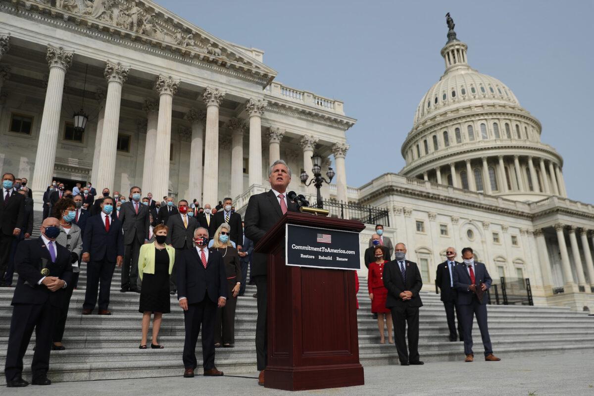 House Minority Leader Kevin McCarthy (R-Calif.) is joined by fellow House Republicans on the East Steps of the House of Representatives, in Washington, on Sept. 15, 2020. (Chip Somodevilla/Getty Images)