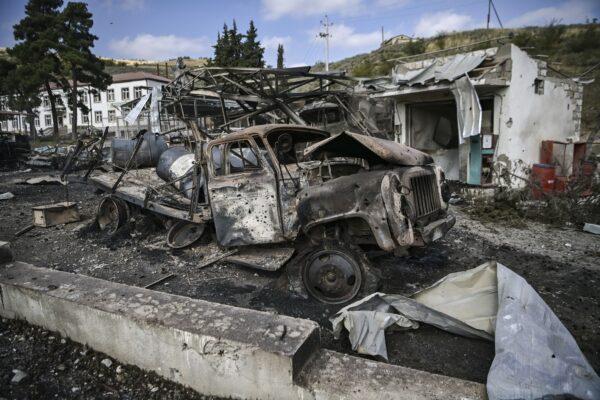 Destroyed vehicles and facilities of the hospital of Martakert region are shown in this photograph taken on Oct. 15, 2020. (Aris Messinis/AFP via Getty Images)