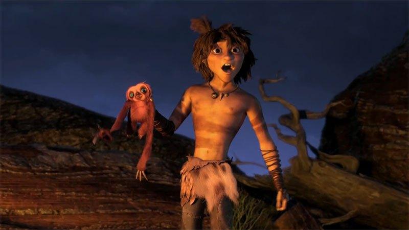 Guy (R) (voiced by Ryan Reynolds), and Belt (voiced by director Chris Sanders) in DreamWorks' caveman chronicle, “The Croods.” (DreamWorks Animation/Twentieth Century Fox)