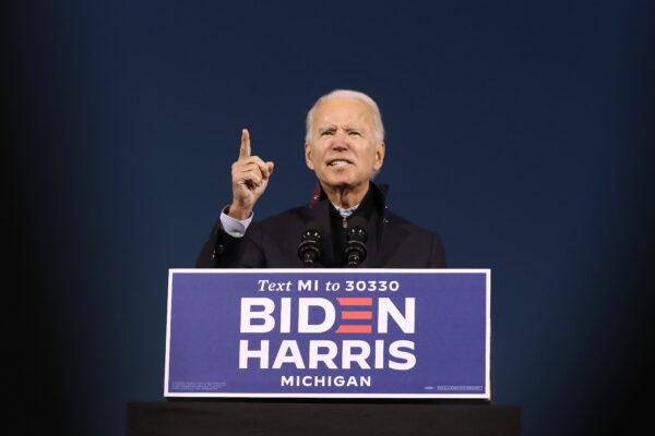 Democratic presidential nominee Joe Biden addresses a drive-in campaign rally at the Michigan State Fairgrounds on Oct. 16, 2020 in Novi, Michigan. (Chip Somodevilla/Getty Images)