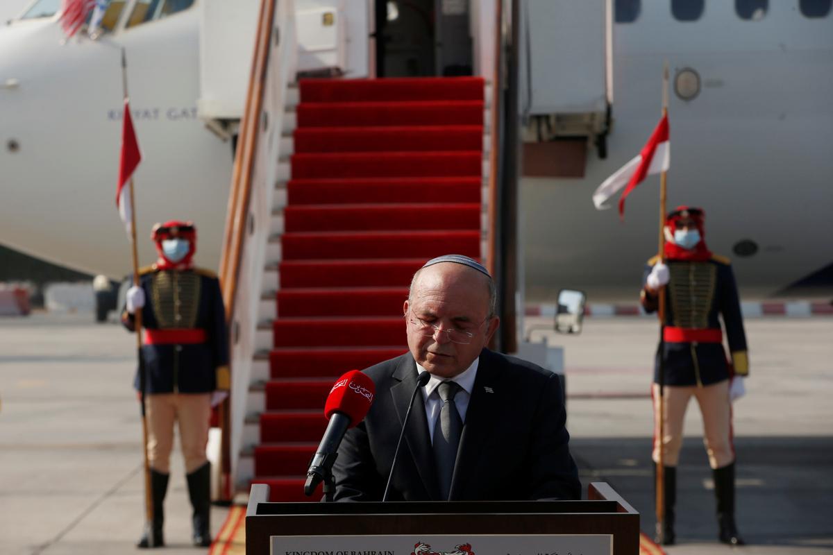 Israeli national security adviser Meir Ben-Shabbat, head of an Israeli delegation, delivers a statement upon arrival in Muharraq, Bahrain, on Oct. 18, 2020. (Ronen Zvulun/Reuters, Pool)