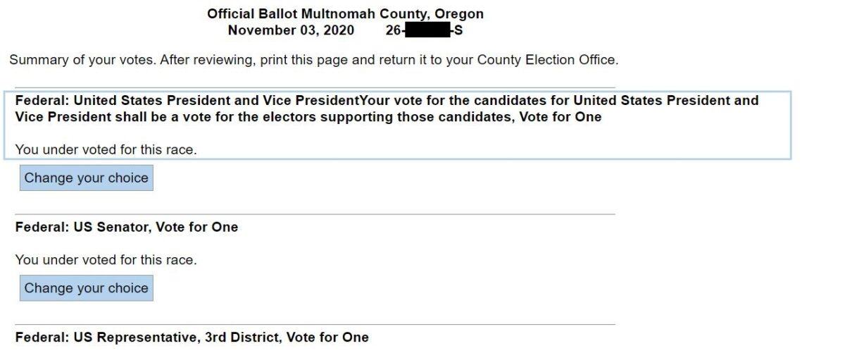 Screenshot of the Multnomah County, Ore., ballot filled out online in Oregon on Oct. 18, 2020. (The Epoch Times)