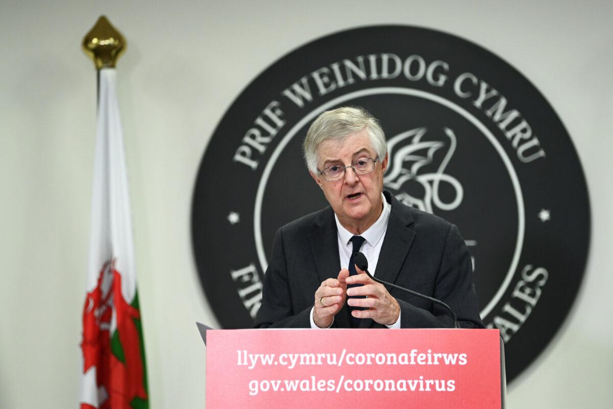 First Minister of Wales Mark Drakeford speaks at the Welsh Government building in Cathays Park in Cardiff, Wales, on Oct. 19, 2020. (Matthew Horwood/Getty Images)