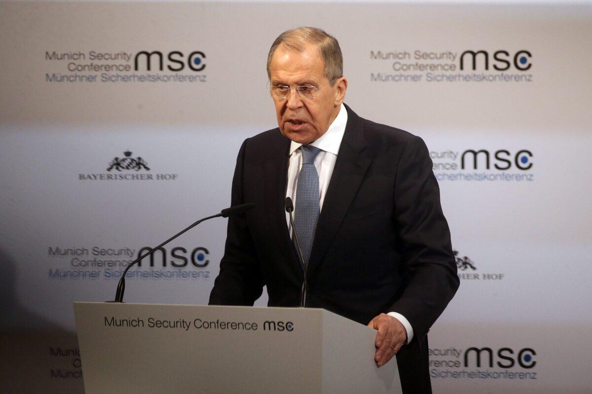 Russian Foreign Minister Sergey Lavrov delivers a speech at the 2020 Munich Security Conference (MSC) on February 15, 2020, in Munich, Germany. (Johannes Simon/Getty Images)