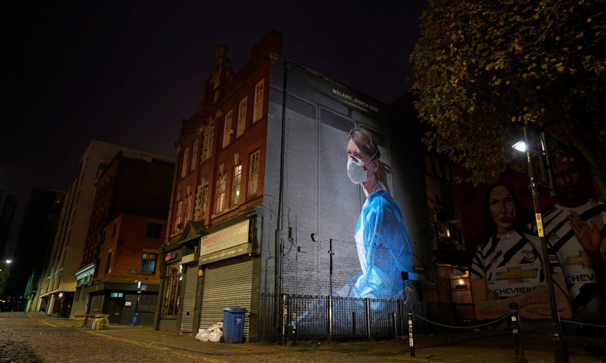 A mural depicting NHS nurse Melanie Senior in Manchester's Northern Quarter, in Manchester, England, on Oct. 19, 2020. (Christopher Furlong/Getty Images)