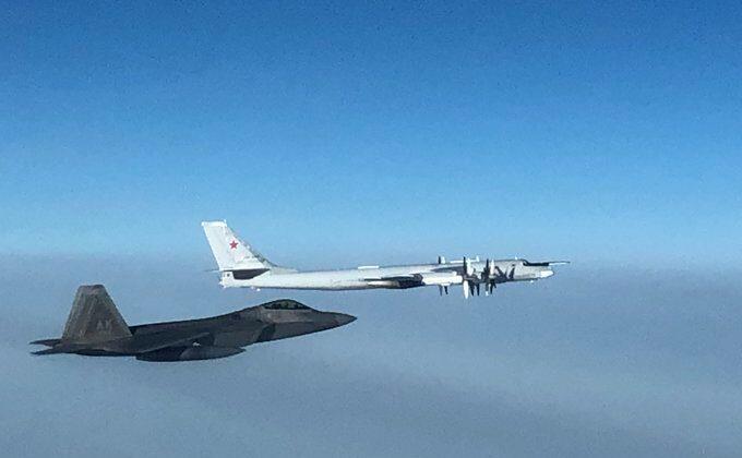 An F-22 "Raptor" fighter jet under assigned to the North American Aerospace Defense Command (NORAD) intercepts a Russian Tu-95 bomber after it entered the Alaskan Air Defense Identification Zone on Oct. 19, 2020. (NORAD)