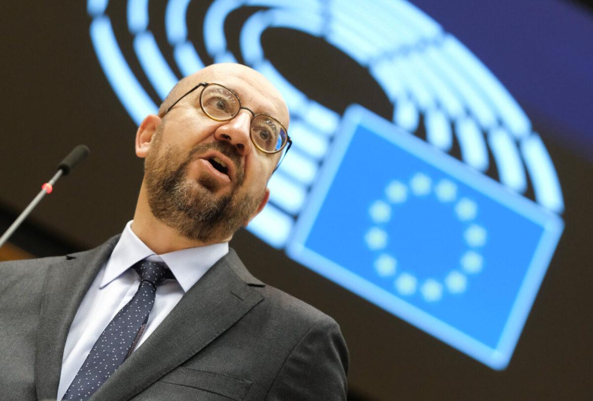 European Council President Charles Michel reports on last week's European summit during a plenary session at the European Parliament in Brussels on Oct. 21, 2020. (Olivier Hoslet/Pool via Reuters)
