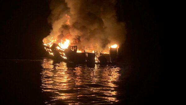 The dive boat Conception is engulfed in flames after a deadly fire broke out aboard the commercial scuba diving vessel off the Southern California Coast on Sept. 2, 2019. (Santa Barbara County Fire Department via AP)