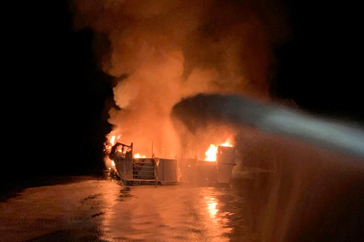Firefighters respond to a fire aboard the Conception dive boat fire in the Santa Barbara Channel off the coast of Southern California on Sept. 2, 2019. (Ventura County Fire Department via AP)