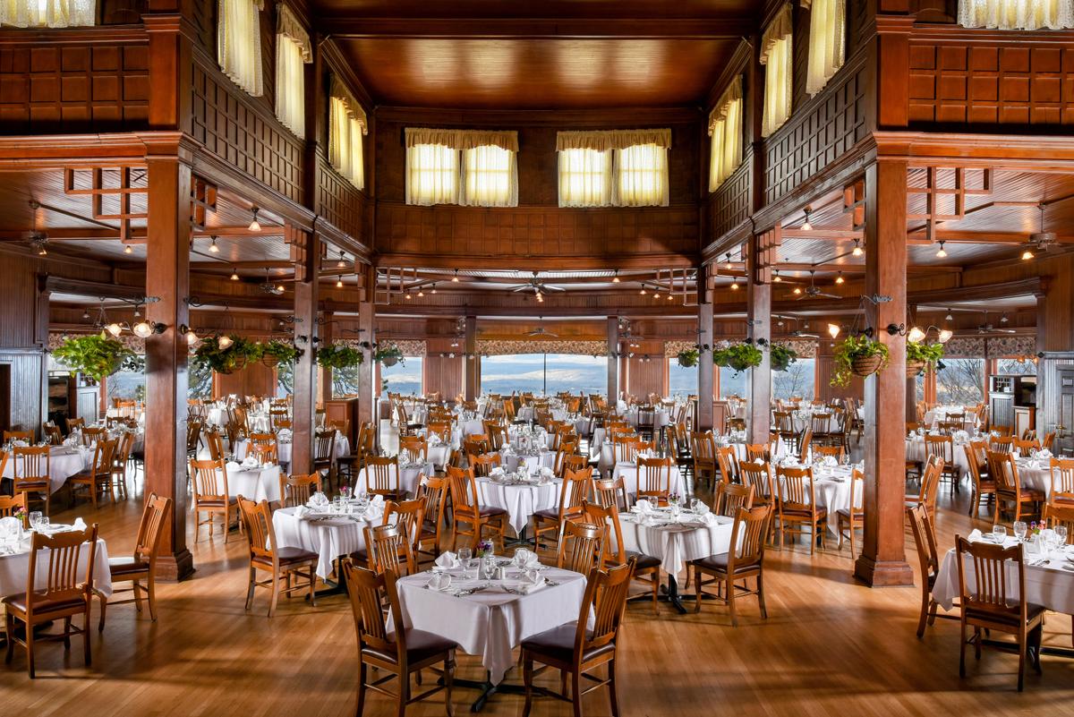 The main dining room offers panoramic views of the Catskill Mountains. (Courtesy of Mohonk Mountain House)