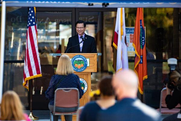 Orange County Supervisor Andrew Do speaks at the launch of the WiFi on Wheels program in front of the Westminster Public Library in Westminster, Calif., on Oct. 20, 2020. (John Fredricks/The Epoch Times)