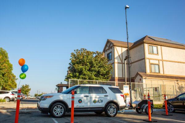 A mobile antenna that provides wireless internet access to needy Orange County neighborhoods is parked outside the Westminster Public Library in Westminster, Calif., on Oct. 20, 2020. (John Fredricks/The Epoch Times)