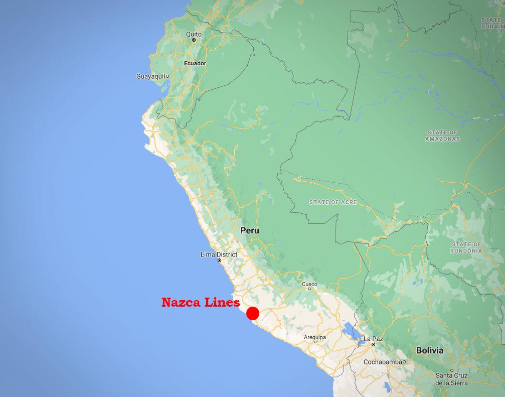 Location of the Nazca Lines in Peru (Screenshot/<a href="https://www.google.com/maps/search/Nazca+desert/@-9.4516318,-80.3530963,5z">Google Maps</a>)