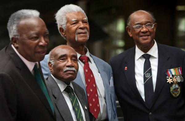 Former Windrush passengers and members of the RAF Donald Clarke, George Mason, Sam King MBE, and Allan Wilmot in the Imperial War Museum in London on June 12, 2008. (Cate Gillon/Getty Images)
