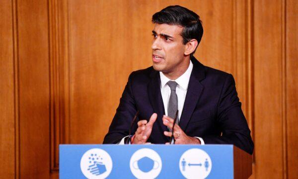 Rishi Sunak, then chancellor of the Exchequer, speaks during a virtual press conference after announcing a new three-tier COVID-19 alert system inside 10 Downing Street, in central London, on Oct. 12, 2020. (Toby Melville/Pool/ AFP via Getty Images)