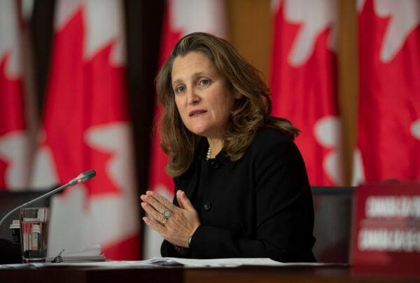 Deputy Prime Minister and Minister of Finance Chrystia Freeland responds to a question during a news conference in Ottawa on Oct. 20, 2020. (Adrian Wyld/The Canadian Press)