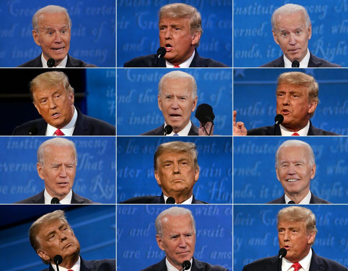 This combination of pictures shows President Donald Trump and Democrat presidential candidate and former Vice President Joe Biden during the final presidential debate at Belmont University in Nashville on Oct. 22, 2020. (Brendan Smialowski, Jim Watson, Morry Gash/AFP via Getty Images)