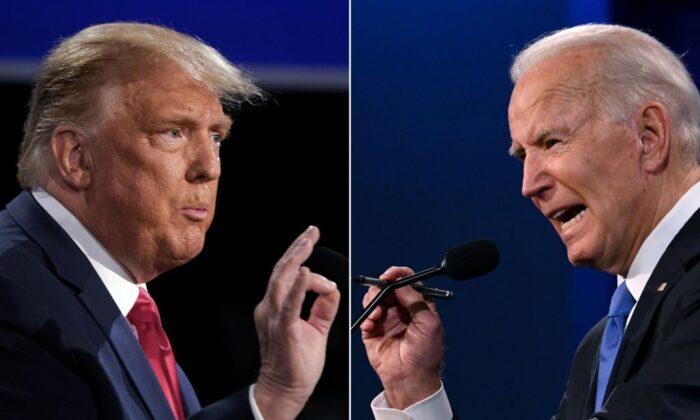President Donald Trump (L) and Democratic Presidential candidate and former Vice President Joe Biden (R) during the final presidential debate at Belmont University in Nashville, Tenn., on Oct. 22, 2020. (Brendan Smialowski and Jim Watson/AFP/Getty Images)