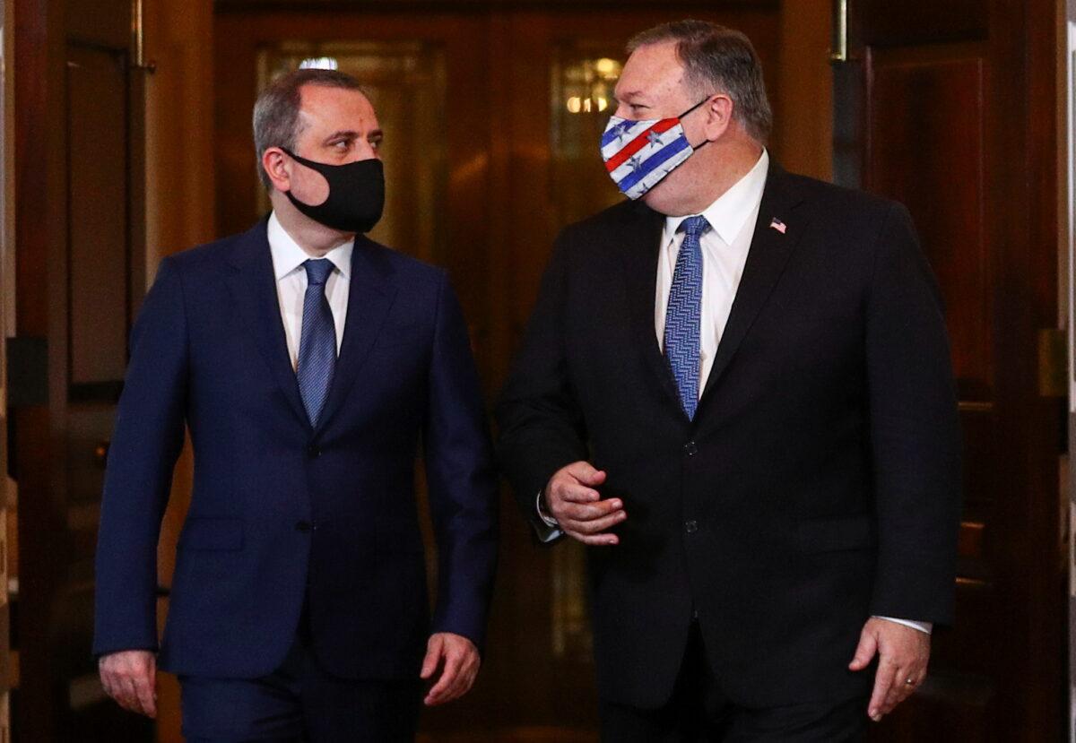Azerbaijani Foreign Minister Jeyhun Bayramov meets with U.S. Secretary of State Mike Pompeo to discuss the conflict in Nagorno-Karabakh, at the State Department in Washington, on Oct. 23, 2020. (Hannah McKay/Pool/ Reuters)
