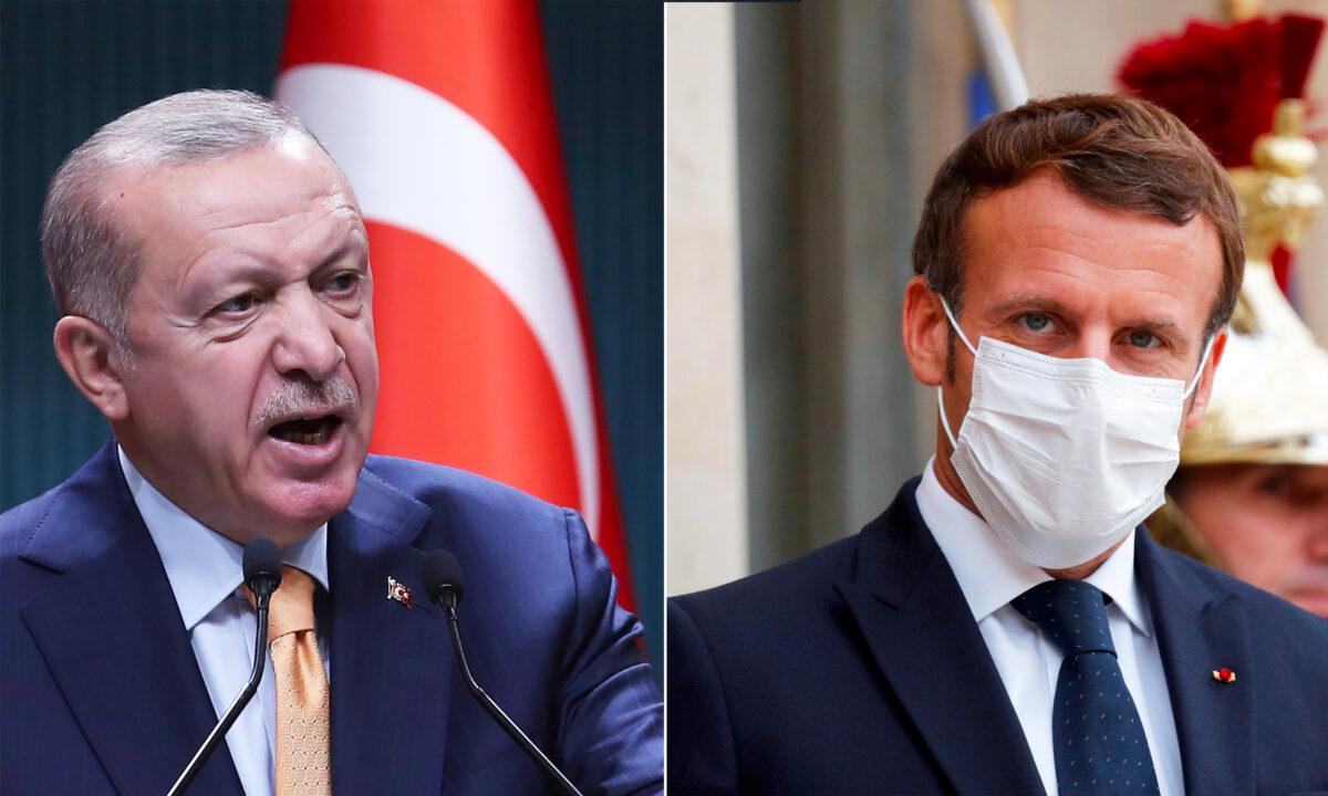 L: Turkish President Recep Tayyip Erdogan presents statements following the Cabinet Meeting at the Presidential Complex, in Ankara, on Oct. 5, 2020. (Adem Altan/AFP via Getty Images)<br/>R: French President Emmanuel Macron, wearing a face mask, looks on as he waits for the arrival of the Armenian president, ahead of their meeting at the Elysee Palace, in Paris, on Oct. 22, 2020. (Charles Platiau/Pool/AFP via Getty Images)
