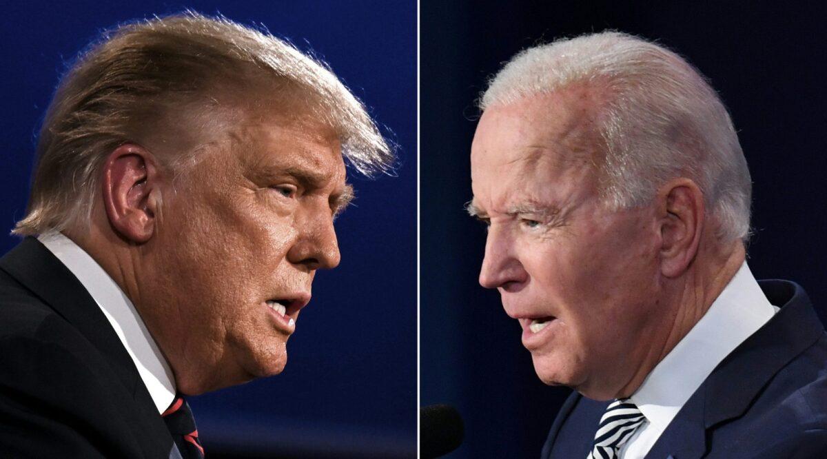 (Left) U.S. President Donald Trump and (Right) Democratic presidential candidate Joe Biden square off during the first presidential debate at the Case Western Reserve University and Cleveland Clinic in Cleveland on Sept. 29, 2020. (Jim Watson, Saul Loeb/AFP via Getty Images)