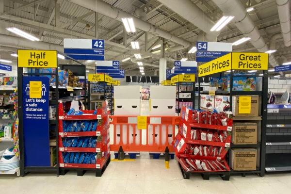 Non-essential items are blocked off in a Tesco supermarket in Cardiff, Wales, on Oct. 23, 2020. (Matthew Horwood/Getty Images)