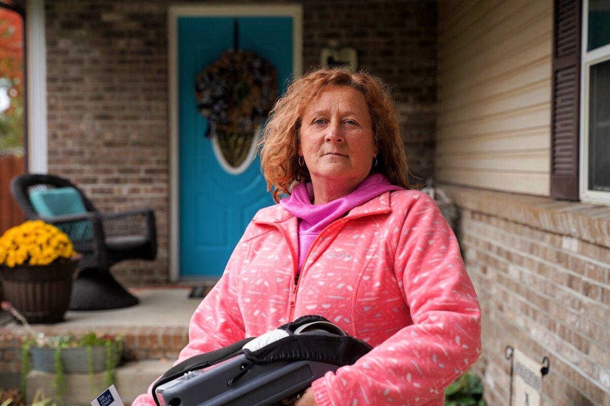 Teresa Shepherd stands in front of her daughter’s house in Seelyville, Ind., on Oct. 20, 2020. (Cara Ding/The Epoch Times)