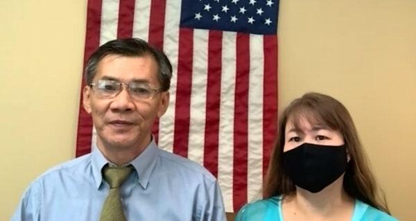 A screenshot of U.S. citizen Michael Nguyen and his wife Helen on a video press call on Oct. 28, 2020. (Screenshot/Zoom/Sarah Le/The Epoch Times)