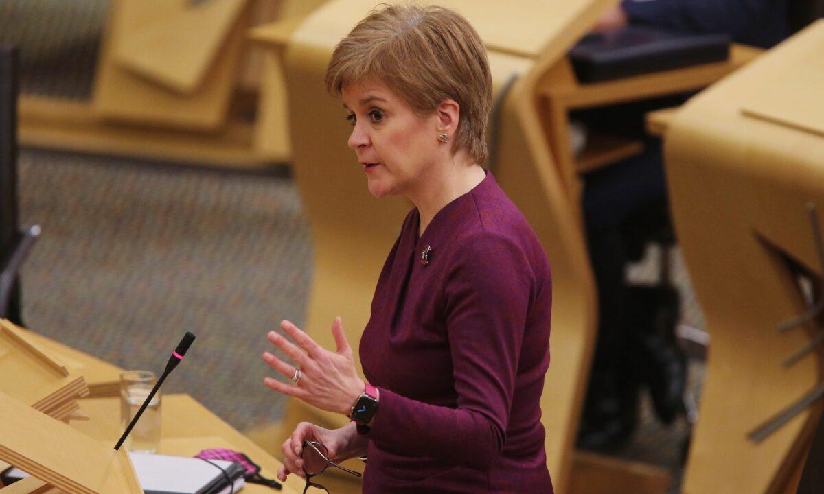 Nicola Sturgeon, MSP First Minister attends a COVID-19 Statement on Scotland's new five level CCP virus alert system at the Scottish Parliament at Holyrood, in Edinburgh, Scotland, on Oct. 27, 2020. (Fraser Bremner/Pool/Getty Images)