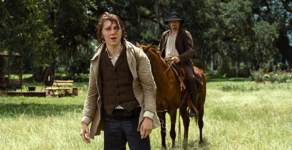 The neighboring slave-bullying man-boy Tibeats (Paul Dano, L) and his slave overseer (Dickie Gravois) in "12 Years a Slave." (Twentieth Century Fox)