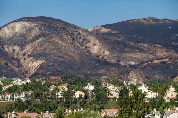 Traces of the Silverado Fire in the scorched hills above Lake Forest, Calif., on Oct. 28, 2020. (John Fredricks/The Epoch Times)