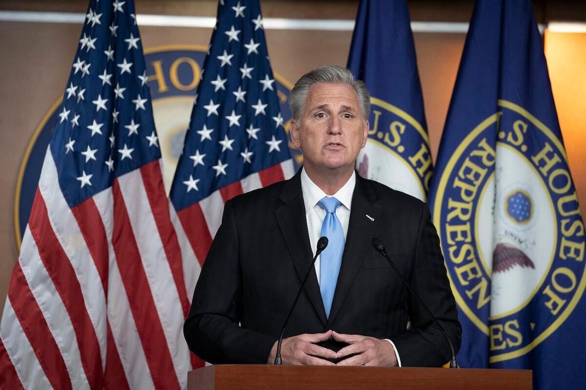 House Minority Leader Kevin McCarthy (R-Calif.) speaks at a weekly press conference in Washington, on Sept. 17, 2020. (Tasos Katopodis/Getty Images)