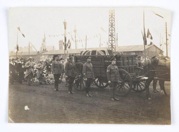 Guarded by Allied soldiers in Boulogne, France, the coffin of the Unknown Warrior is transported by wagon on Nov. 10, 1920. (Courtesy of National Army Museum)