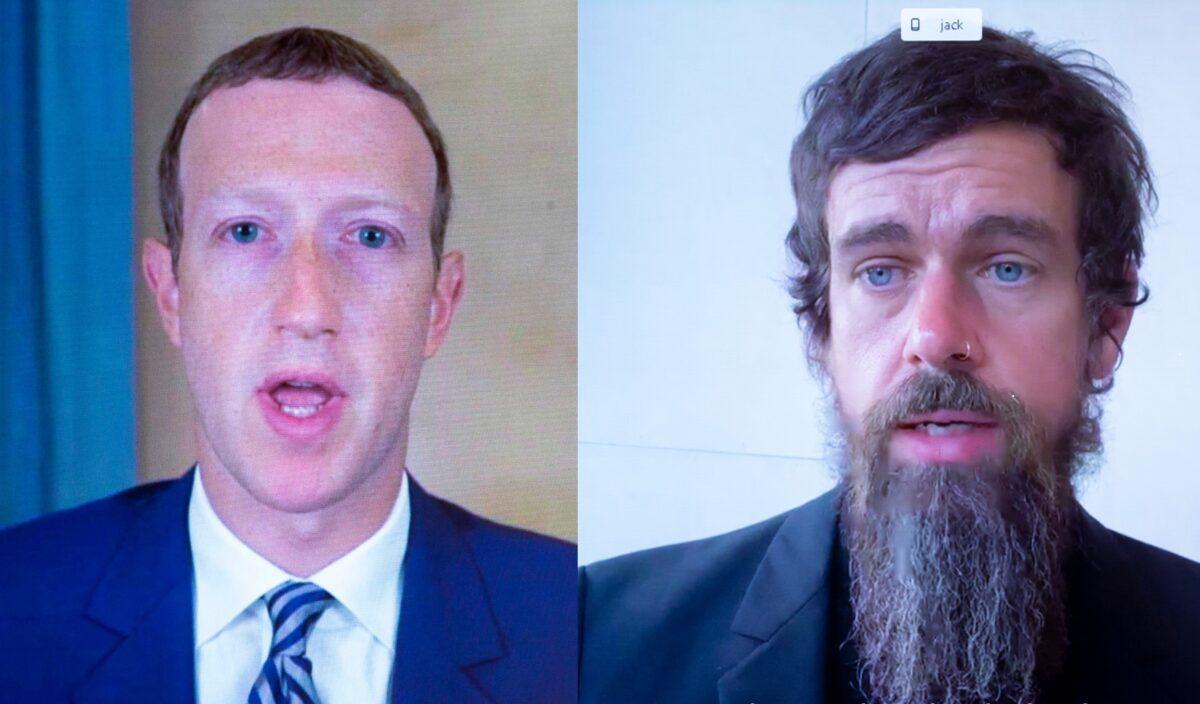 A combined image showing Facebook CEO Mark Zuckerberg, left, and Twitter CEO Jack Dorsey, testify remotely before Congress on Oct. 28, 2020. (Michael Reynolds/AFP via Getty Images)