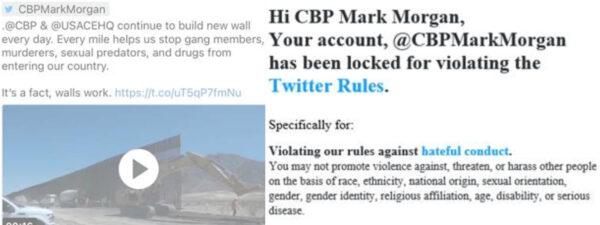 Screenshots of the tweet by @CBPMarkMorgan (L) and the email Morgan received from Twitter regarding his account suspension. (Courtesy of Mark Morgan)