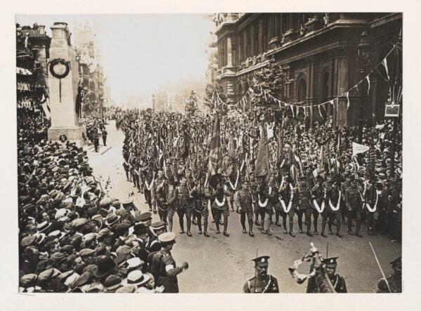 British soldiers march past the newly erected Cenotaph in Central London on Peace Day, July 19, 1919. (Courtesy of National Army Museum)